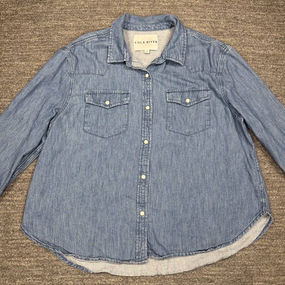 Lola River Chambray Shirt Women XL Blue Pearl Snap Yoke Western Denim Cowgirl